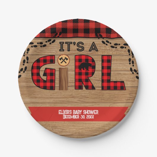 Es ist eine Karierte Mädchendusche aus Rustikal-Ho Pappteller (Vorderseite)