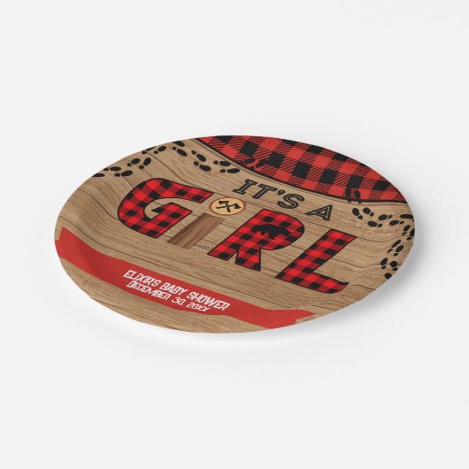 Es ist eine Karierte Mädchendusche aus Rustikal-Ho Pappteller (Schrägansicht)