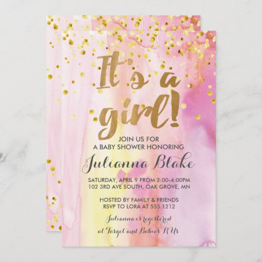 Es ist eine Mädchen-Baby-Dusche Aquarell-Einladung Einladung (Vorne/Hinten)