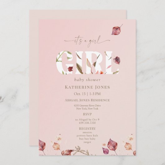 Es ist eine Mädchen-Blush-Fall-Baby-Dusche Einladung (Vorne/Hinten)