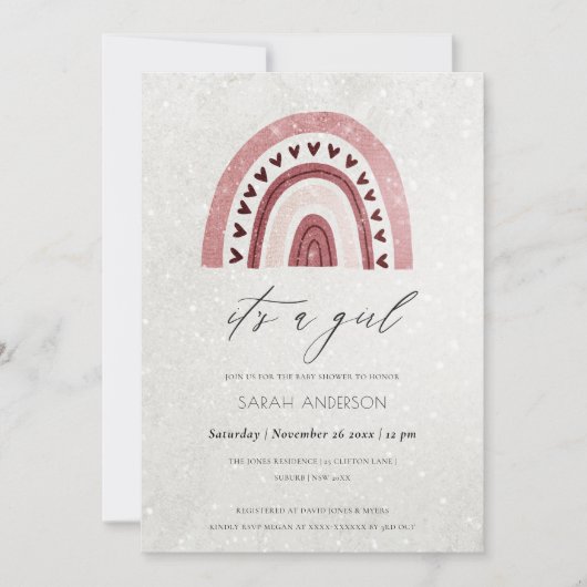ES IST EINE MÄDCHEN-BLUSH-PINK-RAINBOW-BABY-SHOWER DANKESKARTE (Vorderseite)