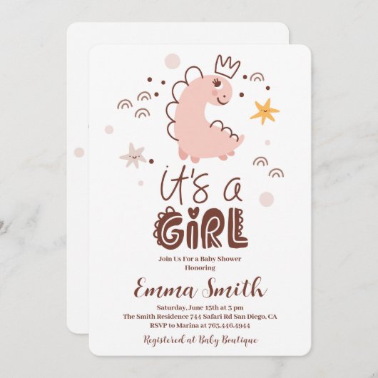 Es ist eine Mädchen-Dinosaurier-Babydusche Einladung (Vorne/Hinten)