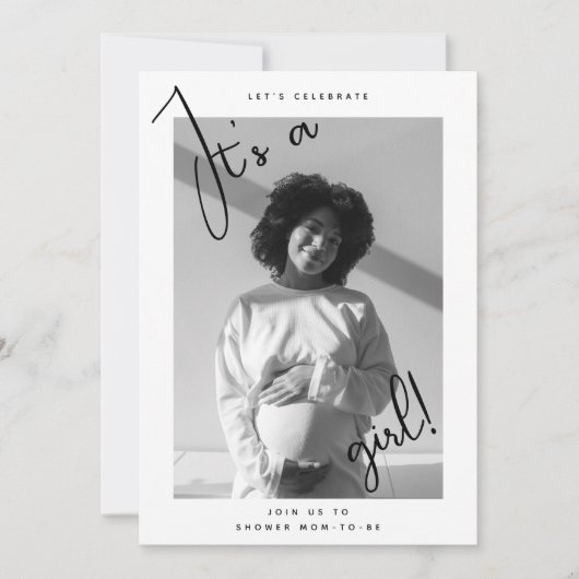 Es ist eine Mädchen-Foto-Script-Kinderdusche Einladung (Vorderseite)