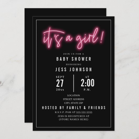 Es ist eine Mädchen-Rosa-Neon-Kinderdusche, die ei Einladung (Vorne/Hinten)