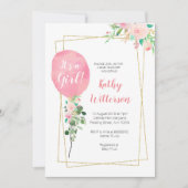 Es ist eine Mädchen Rosaballon-Babyparty Einladung (Vorderseite)