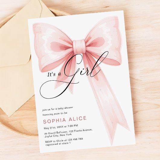 Es ist eine Mädchen-Script-Blush Pink Bow Baby-Dus Einladung