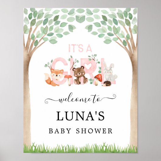 Es ist eine Mädchen-Woodland-Babydusche Willkommen Poster (Vorne)