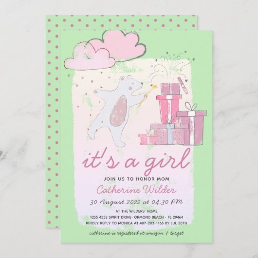 Es ist eine Mädchenbärendusche Einladung (Vorne/Hinten)