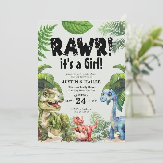 Es ist eine Mädchenbearbeitungsfähige Dinosaurier- Einladung (Stehend Vorderseite)