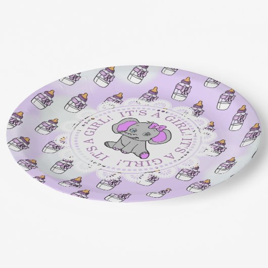 Es ist eine Mädchendusche, Lila Elephant Themed Ba Pappteller (Schrägansicht)