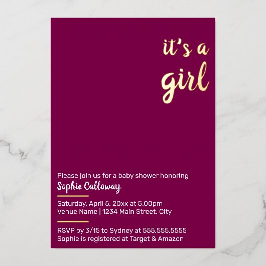 Es ist eine Minimalistische Mädchendusche Folieneinladung (Vorderseite)