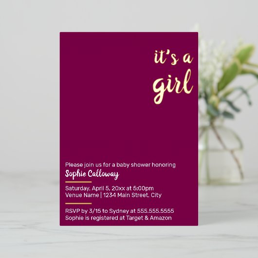 Es ist eine Minimalistische Mädchendusche Folieneinladung (Stehend vorne)