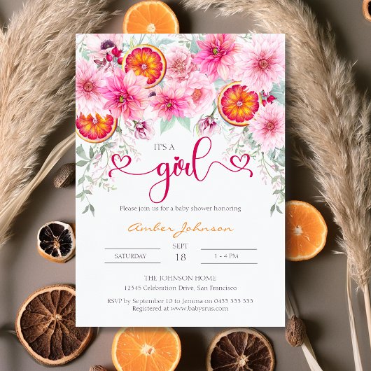 Es ist eine Niedliche Girl Citrus Pink Blumendusch Einladung