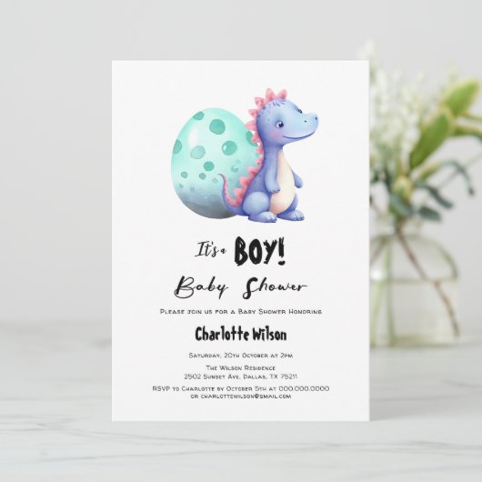 Es ist eine Niedliche Junge Dinosaurier Kinderdusc Einladung (Stehend Vorderseite)