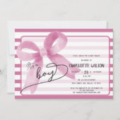 Es ist eine Niedliche Pink Bow Stripes Babydusche Einladung (Vorderseite)