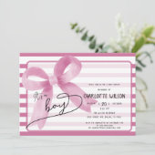 Es ist eine Niedliche Pink Bow Stripes Babydusche Einladung (Stehend Vorderseite)