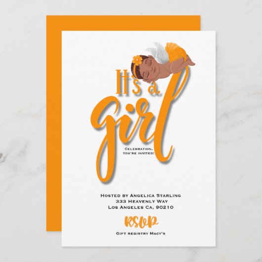 Es ist eine orangefarbene Announcement Card Ankündigung (Vorne/Hinten)