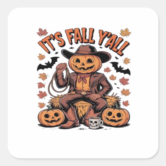 Es ist Herbst Y’all Western Cowboy Pumpkin Hallowe Quadratischer Aufkleber (Vorderseite)