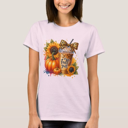 Es ist Herbst Y'all - Leopard-Bow-Kaffee mit Pumpk T-Shirt (Vorderseite)