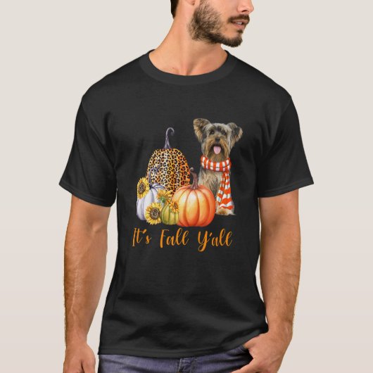 Es ist Herbst Y'all Yorkie Dog Leopard Pumpkin Fal T-Shirt (Vorderseite)
