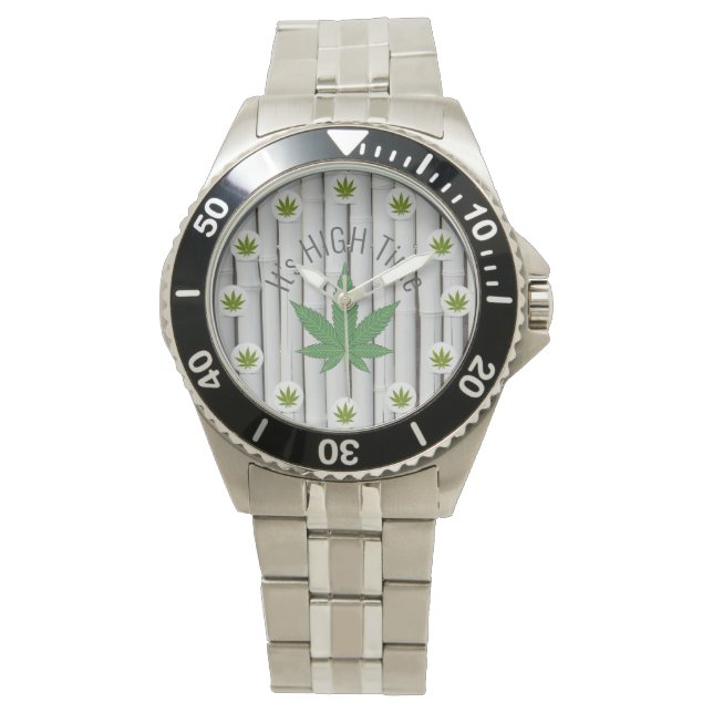 Es ist High Time Weed Leaf White Bamboo Custom Armbanduhr (Vorderseite)