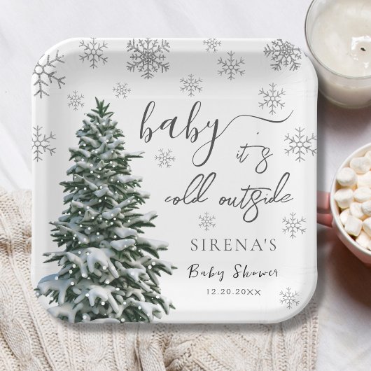 Es ist kalt draußen | Winter Tree Gray Baby Shower Pappteller