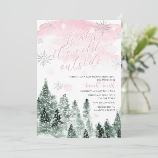 Es ist kalte Outside Winter Pink Girl Baby Dusche Einladung (Stehend Vorderseite)