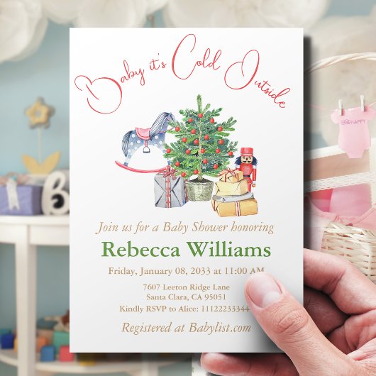 Es ist kalter Winter Weihnachtsbaum Geschenke Baby Einladung