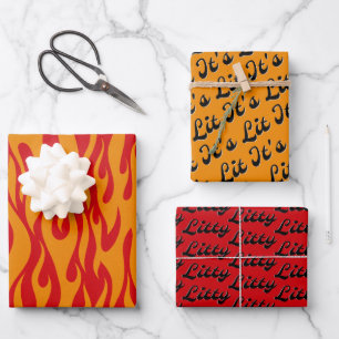 Es ist leise, rotes und orangefarbenes Flammenmust Geschenkpapier Set