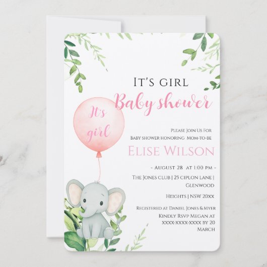 Es ist Mädchen! Niedliches kleines Elefantenbaby m Einladung (Vorderseite)