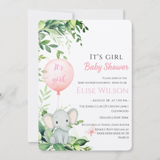 Es ist Mädchen! Niedliches kleines Elefantenbaby m Einladung (Vorderseite)