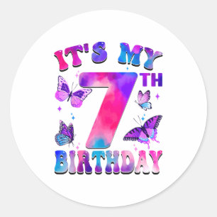Es ist mein 7. Geburtstag Schmetterlings Thema 7 J Runder Aufkleber