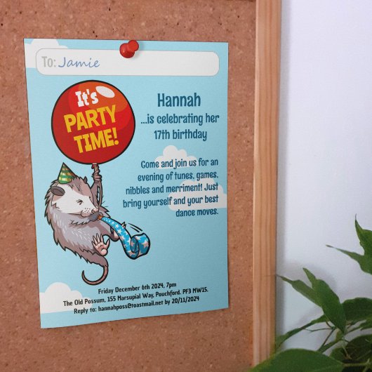 Es ist PARTY ZEIT Fügen Sie Ihre Daten Opossum-Bal Einladung