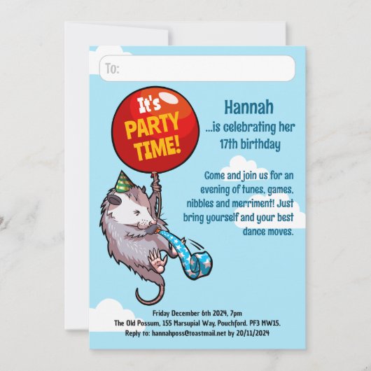 Es ist PARTY ZEIT Fügen Sie Ihre Daten Opossum-Bal Einladung (Vorderseite)