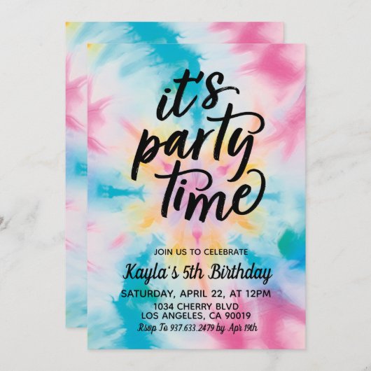 Es ist Party Zeit Groovy Gefärbte Krawatte Geburts Einladung (Vorne/Hinten)