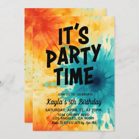 Es ist Party Zeit Groovy Gefärbte Krawatte Geburts Einladung (Vorne/Hinten)