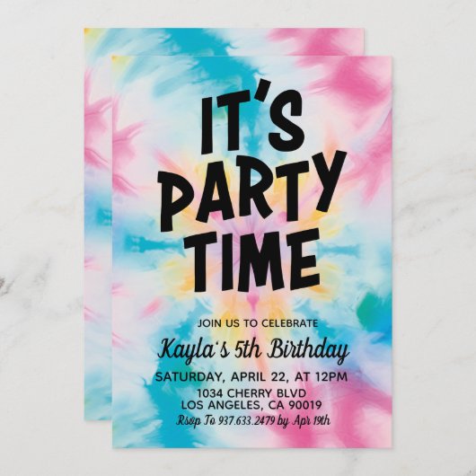 Es ist Party Zeit Groovy Gefärbte Krawatte Geburts Einladung (Vorne/Hinten)