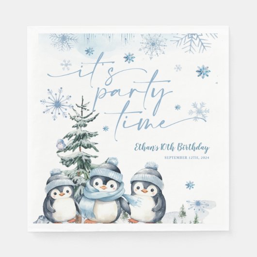 Es ist Party Zeit Pinguin Wintergeburt Serviette (Vorderseite)