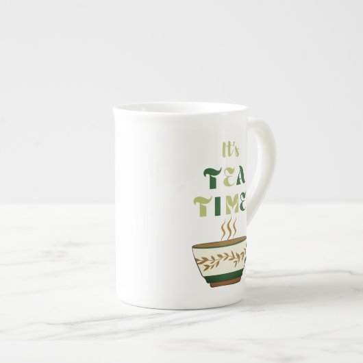 Es ist Teezeit mit Teetasse und Text. Porzellantasse (Vorderseite Rechts)