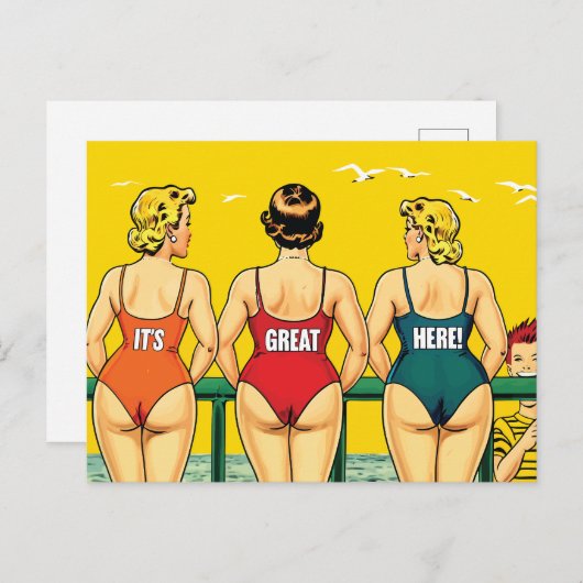 Es ist toll hier, Hübsche Frauen am Strand, lustig Postkarte (Vorne/Hinten)