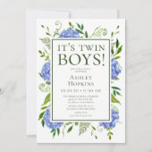 Es ist Twin Boys Blue Hydrangeas Baby Shower Einladung (Vorderseite)