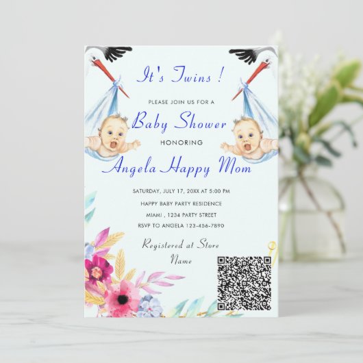 Es ist Twin Boys QR Code Info Baby Shower Einladun (Stehend Vorderseite)