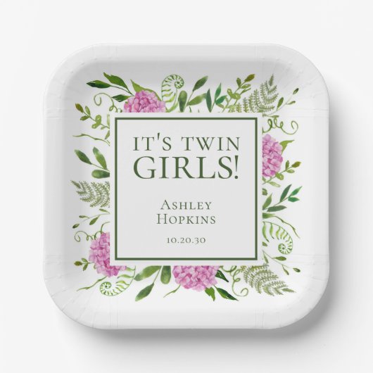 Es ist Twin Girls Pink Hydrangeas Girl Baby Dusche Pappteller (Vorderseite)