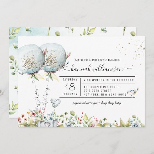 Es ist Twins Blue Balloon Baby Shower Einladung (Vorne/Hinten)