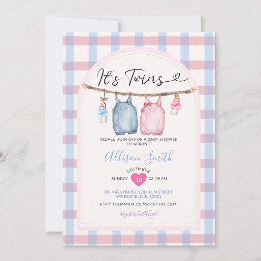 Es ist Twins Bow Kleidung Autumn Gingham Baby Show Einladung (Vorderseite)