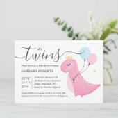 Es ist Twins Boy and Girl Pink Dinosaur Baby Showe Einladung (Stehend Vorderseite)
