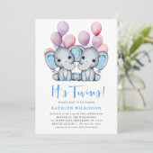 Es ist Twins Elephant Blue Balloon Niedlich Baby S Einladung (Stehend Vorderseite)
