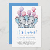 Es ist Twins Elephant Blue Balloon Niedlich Baby S Einladung (Vorne/Hinten)