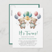 ES IST TWINS Green Balloons Teddy Bears Baby Dusch Einladungspostkarte (Vorne/Hinten)