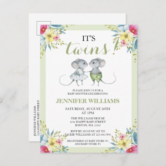 Es ist Twins Green Floral Boy & Girl Baby Shower Einladungspostkarte (Vorne/Hinten)